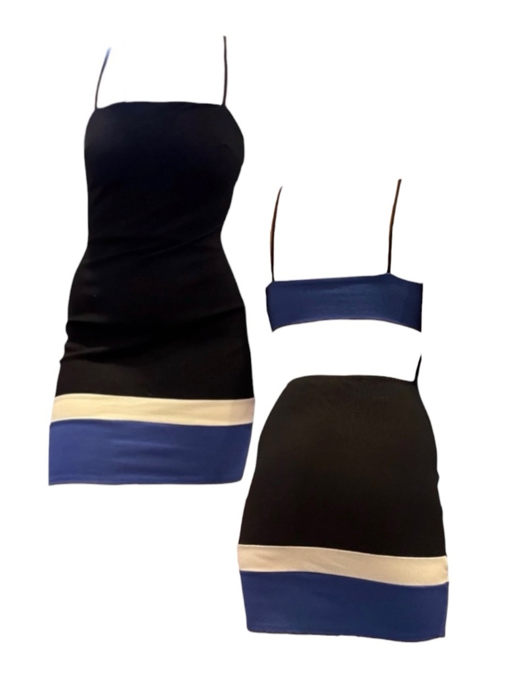 Black Strap Mini Dress with Blue & Cream Hem